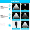 Diagrams illustrating three different modes of operation for a solar-powered LED light with a motion sensor. Produktbild-Vorschau
