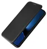 A black carbon fiber flip case for a smartphone is shown with the flip cover partially open, revealing the phone's blue screen. Produktbild-Vorschau