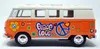 A toy model of a vintage Volkswagen bus, painted orange and white, decorated with peace and love symbols and flowers. Produktbild-Vorschau