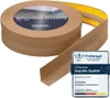 A roll of brown self-adhesive skirting board with a section unrolled and bent into a corner, next to a quality certification badge. Produktbild-Vorschau