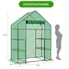 A green greenhouse with shelves, shown with a silhouette of a person for scale. Voir les images du produit