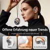 A woman is holding a charging case for wireless earbuds, and one earbud is in her ear. There are also close-up shots of the earbuds and their features. Produktbild-Vorschau