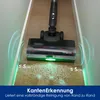 A cordless vacuum cleaner head is shown cleaning a floor near a wall, with green lights indicating its proximity to the edge. Produktbild-Vorschau