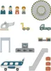 A collection of wooden toy airport-themed accessories and vehicles. Voir les images du produit