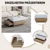 A modern living room scene featuring a white and wood-tone coffee table with open drawers, surrounded by lifestyle shots and feature callouts. Produktbild-Vorschau