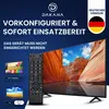A marketing image for a pre-configured and ready-to-use remote control, featuring a large TV screen displaying a landscape, a remote control, and smaller images of TVs with menus and a landscape. Produktbild-Vorschau
