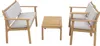 A wooden garden furniture set including a bench, two chairs, and a coffee table, all with light gray cushions, displayed on a white background. Voir les images du produit
