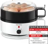 A white and black Krups egg cooker with eggs inside, shown from a slightly angled front view, with a test magazine badge on the right. Voir les images du produit
