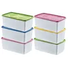 A stack of six clear plastic food storage containers with colored lids, arranged in two columns of three. Produktbild-Vorschau