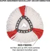 A close-up view of a mop head with red and white fibers, with text describing the red fibers' effectiveness. Produktbild-Vorschau