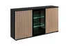A modern black sideboard with slatted wood-effect doors and a glass-fronted section with green LED lighting. Anteprima dell’immagine prodotto