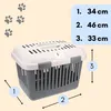 A pet carrier with dimensions indicated by numbers and measurements listed on the right side. Produktbild-Vorschau