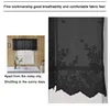 A split image showing a black lace valance curtain on a window and a close-up of the lace fabric. Produktbild-Vorschau