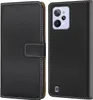 A black flip-style phone case is shown open, revealing the inside and the back of a phone with a purple camera module. Produktbild-Vorschau