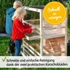 Two children are interacting with a multi-level wooden pet cage outdoors on a grassy lawn. Produktbild-Vorschau