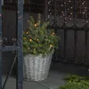 A small, decorated Christmas tree in a basket with lights, placed near a black metal gate. Produktbild-Vorschau