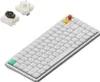A white Nuphy Air75 V3 mechanical keyboard is shown on a white background, with two keyboard switches in the upper left corner. Produktbild-Vorschau