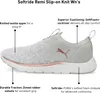 A side view of a Puma Softride Remi Slip-On Knit sneaker with callouts describing its features. Produktbild-Vorschau