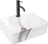 A white rectangular vessel sink with marble-like gray veining and a dark gray faucet. Produktbild-Vorschau