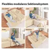 A collage of four images showing a modular sofa in different configurations and uses, with German text labels. Produktbild-Vorschau