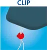 A close-up of a red clip with white strings attached to a dark blue object, against a light blue background. Produktbild-Vorschau