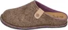 A side view of a brown felt slipper with a purple lining and a small leather strap with a logo. Produktbild-Vorschau