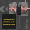 A walkie-talkie is shown in the foreground with a graphic representation of a heartbeat and a person lying down in the background, suggesting an emergency situation. Text overlays provide product features. Produktbild-Vorschau