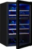 A black wine cooler with its door ajar, revealing wooden shelves and bottles illuminated by blue LED lights. Produktbild-Vorschau