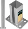 A metal post holder with a label showing a fence. Produktbild-Vorschau