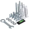 A collection of hardware, including screws, anchors, washers, a wrench, and a small level. Podgląd zdjęcia produktu