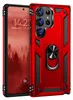 A red phone case with a ring holder is shown next to a smartphone displaying a forest scene. Produktbild-Vorschau