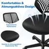 A close-up marketing image of a black office chair, highlighting its features with text overlays and illustrative arrows. Podgląd zdjęcia produktu