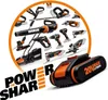 A collage of WORX power tools arranged in a circular pattern, with a battery pack in the foreground and the brand name "POWER SHARE" below. Voir les images du produit