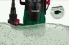A submersible pump is shown partially submerged in murky water, with a close-up inset highlighting its particle filtration capability. Produktbild-Vorschau