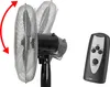 A black and silver stand fan with a remote control on a white background. Produktbild-Vorschau