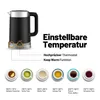 A black electric kettle with silver accents is shown next to text describing its features and temperature settings for different teas and coffee. Below the kettle, there are images of cups of various beverages. Podgląd zdjęcia produktu