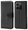 A black flip case for a smartphone is shown, with the front cover closed on the left and the back cover open on the right, revealing the phone's camera module. Produktbild-Vorschau