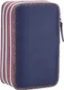 A navy blue pencil case with pink and white striped sides and glitter trim. Náhled obrázku produktu