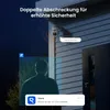 A security camera system is shown in a marketing image, with text overlays highlighting its features and a person being detected by the camera. Produktbild-Vorschau