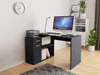 A modern home office setup with a black L-shaped desk, computer, lamp, and storage unit. Náhľad obrázku produktu