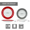 Two plates with different colored rims and dimensions are shown, along with icons indicating product features. Produktbild-Vorschau