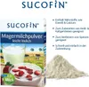 A product shot of SUCOFIN Magermilchpulver with accompanying descriptive text and images of prepared food. Produktbild-Vorschau