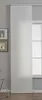 A white sliding curtain panel is shown covering a window in a room with a gray wall and a wooden floor. Two framed pictures hang on the wall to the left of the curtain, and a metal chair is partially visible in the bottom left corner. Produktbild-Vorschau