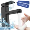 A black faucet with water splashing and hands being washed under the running water. Produktbild-Vorschau