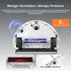 A robot vacuum cleaner is shown from underneath, with close-ups of its brushes and a diagram illustrating its anti-tangle features. Text highlights the benefits of the technology. Náhľad obrázku produktu