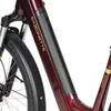 A close-up view of the frame and battery of a burgundy electric bicycle. Produktbild-Vorschau