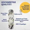 A skateboard with various features highlighted by text labels and a promotional circle. Produktbild-Vorschau