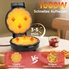 A waffle maker is shown open, with heat indicated by orange arrows. Text overlays highlight its features and speed. A small jar of jam and some waffles are visible on the table. Produktbild-Vorschau