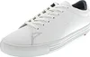 A white leather sneaker with white laces and a dark blue interior lining. Voir les images du produit