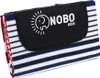 A folded picnic blanket with blue and white stripes and a black flap with a logo. Podgląd zdjęcia produktu